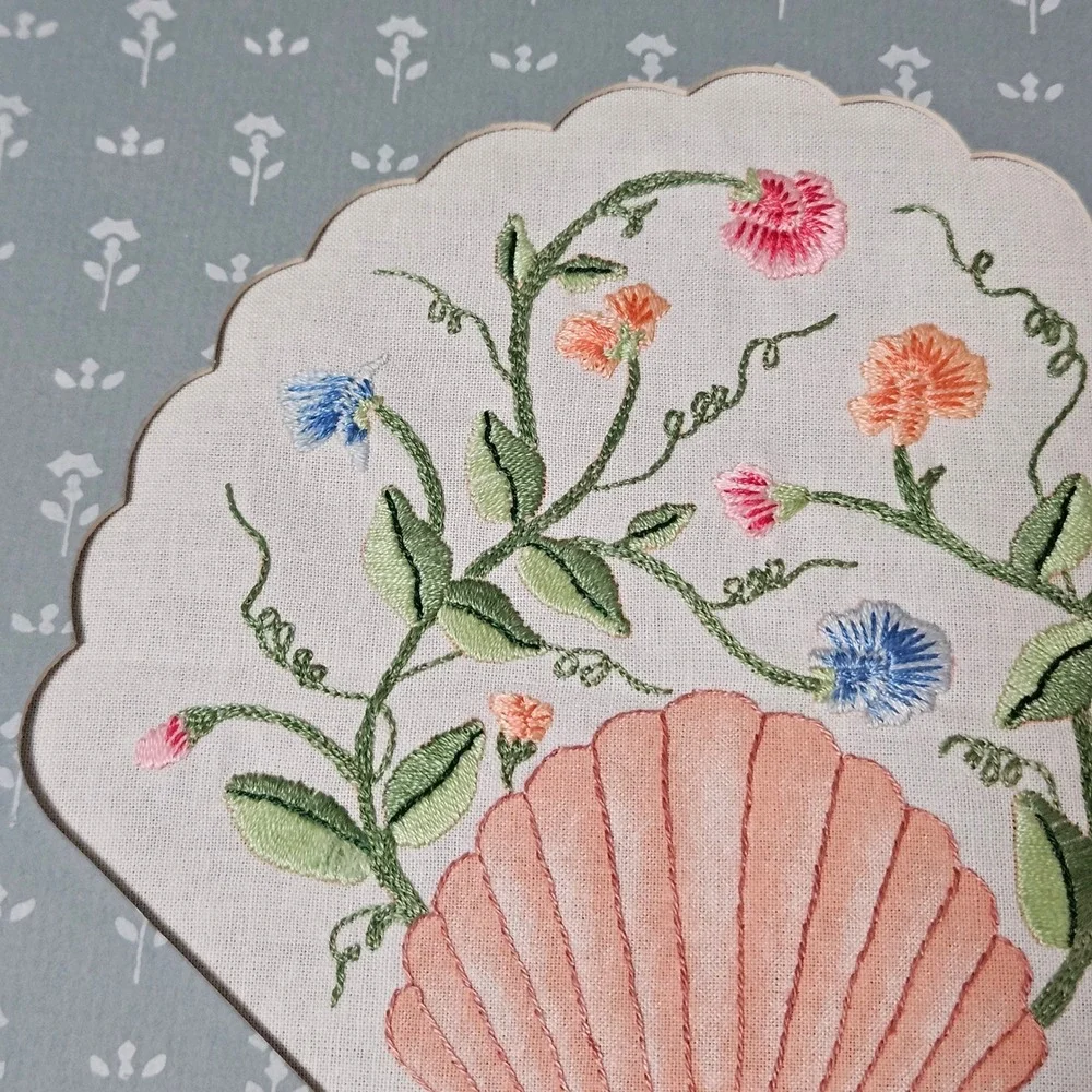 Vintage‎ Hand Embroidered Linen Seashell Floral Textile Coastal Cottage Wall Art